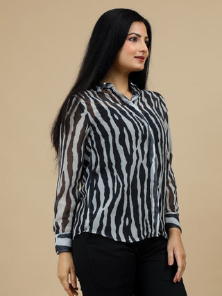 Animal Print Classic Collar Sheer Black Multicolor Women Shirt Success