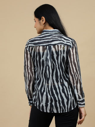 Animal Print Classic Collar Sheer Black Multicolor Women Shirt Success