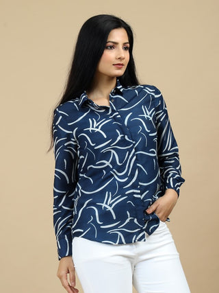 Dark Blue Abstract Print Classic Collar Women Shirt