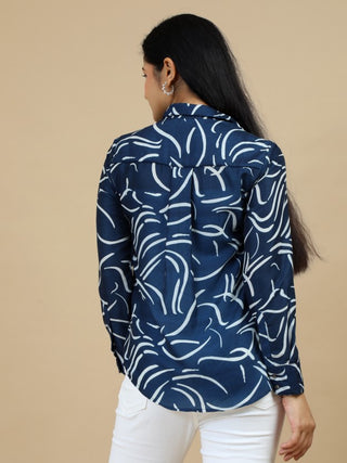 Dark Blue Abstract Print Classic Collar Women Shirt