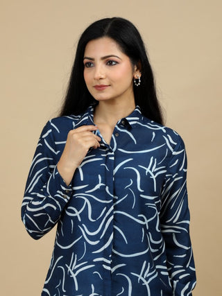 Dark Blue Abstract Print Classic Collar Women Shirt