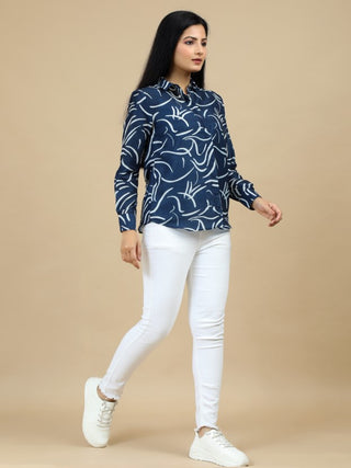 Dark Blue Abstract Print Classic Collar Women Shirt