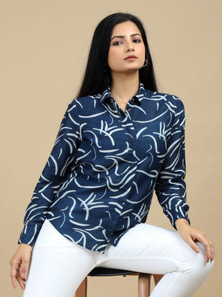 Dark Blue Abstract Print Classic Collar Women Shirt