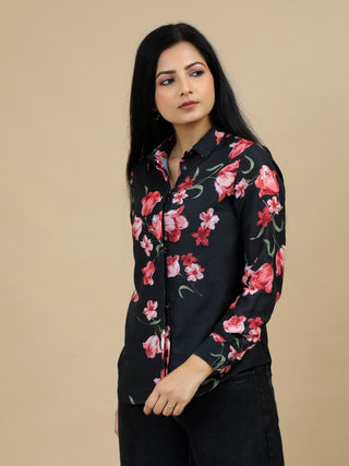 Floral Print Classic Collar Black Women Shirt