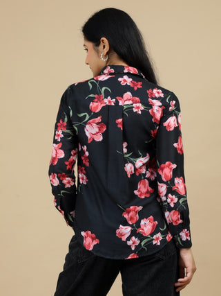 Floral Print Classic Collar Black Women Shirt