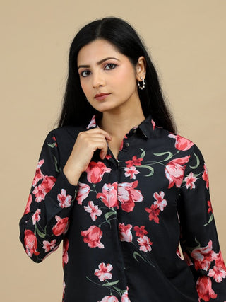 Floral Print Classic Collar Black Women Shirt