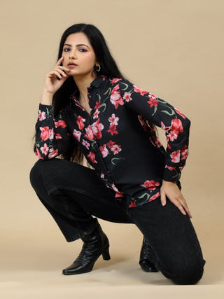 Floral Print Classic Collar Black Women Shirt