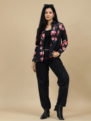 Floral Print Classic Collar Black Women Shirt