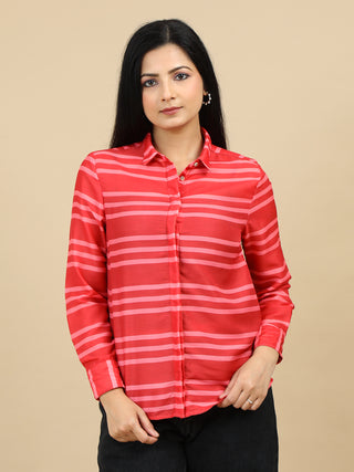 Orange Stripped Classic Collar Women Shirt