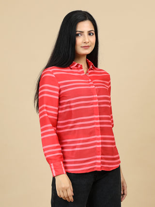 Orange Stripped Classic Collar Women Shirt