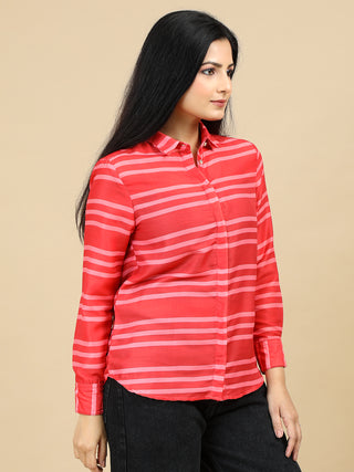 Orange Stripped Classic Collar Women Shirt