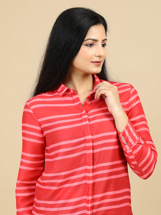 Orange Stripped Classic Collar Women Shirt