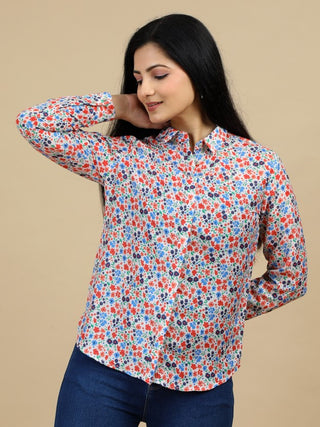 Floral Orange Classic Collar Women Shirt