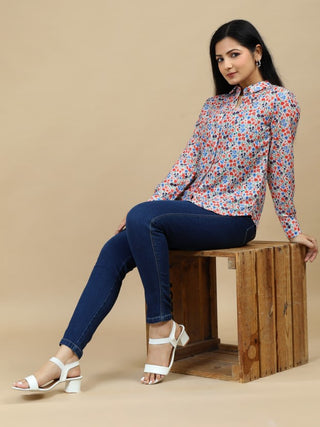 Floral Orange Classic Collar Women Shirt