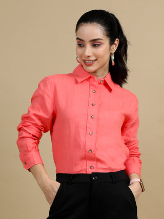 100% Premium Pure Linen Salmon Solid Women Shirt