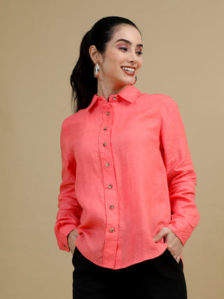 100% Premium Pure Linen Salmon Solid Women Shirt