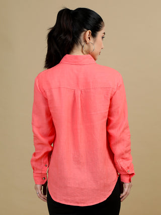 100% Premium Pure Linen Salmon Solid Women Shirt