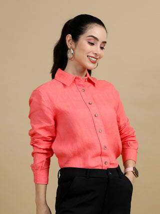 100% Premium Pure Linen Salmon Solid Women Shirt