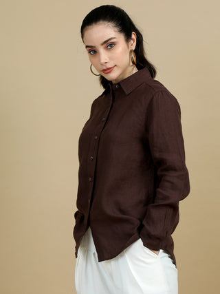 100% Premium Pure Linen Dark Brown Women Shirt