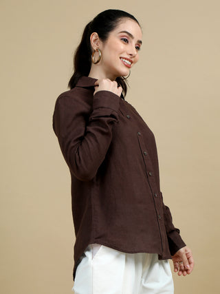 100% Premium Pure Linen Dark Brown Women Shirt