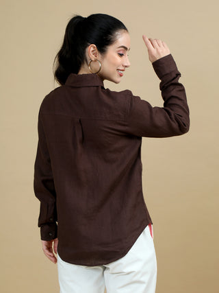 100% Premium Pure Linen Dark Brown Women Shirt