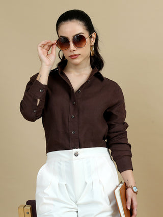 100% Premium Pure Linen Dark Brown Women Shirt