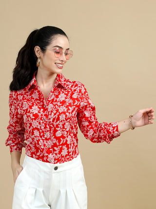 Red Floral Indian Block Print Classic Collar Women Shirt