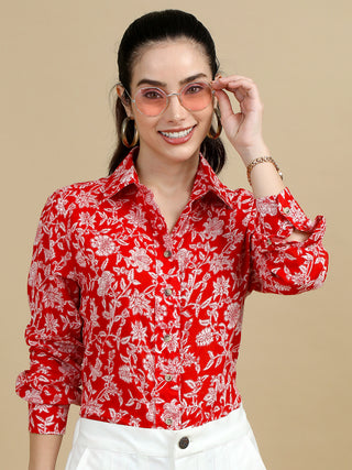 Red Floral Indian Block Print Classic Collar Women Shirt