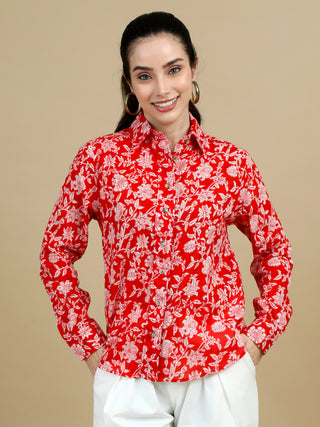 Red Floral Indian Block Print Classic Collar Women Shirt