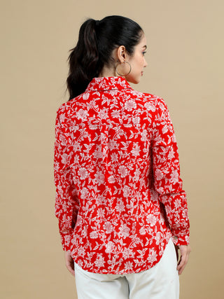 Red Floral Indian Block Print Classic Collar Women Shirt