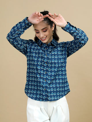 Indigo Blue Indian Block Print Classic Collar Women Shirt