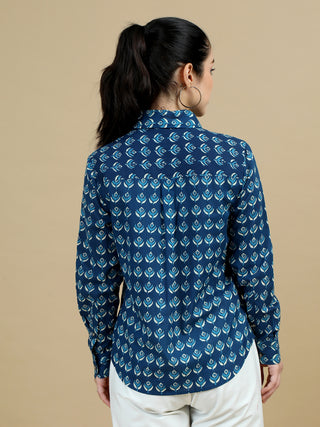 Indigo Blue Indian Block Print Classic Collar Women Shirt