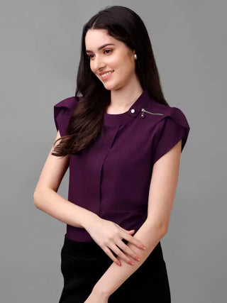 Casual Cap Sleeves Solid Women Purple Top