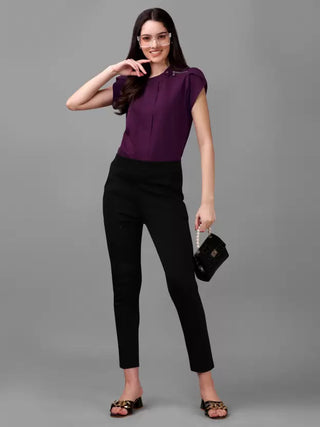 Casual Cap Sleeves Solid Women Purple Top